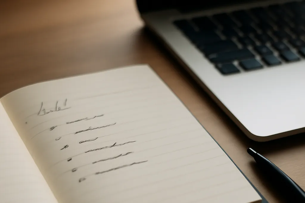 Carnet ouvert avec une liste manuscrite et un stylo posé à côté d'un ordinateur portable
