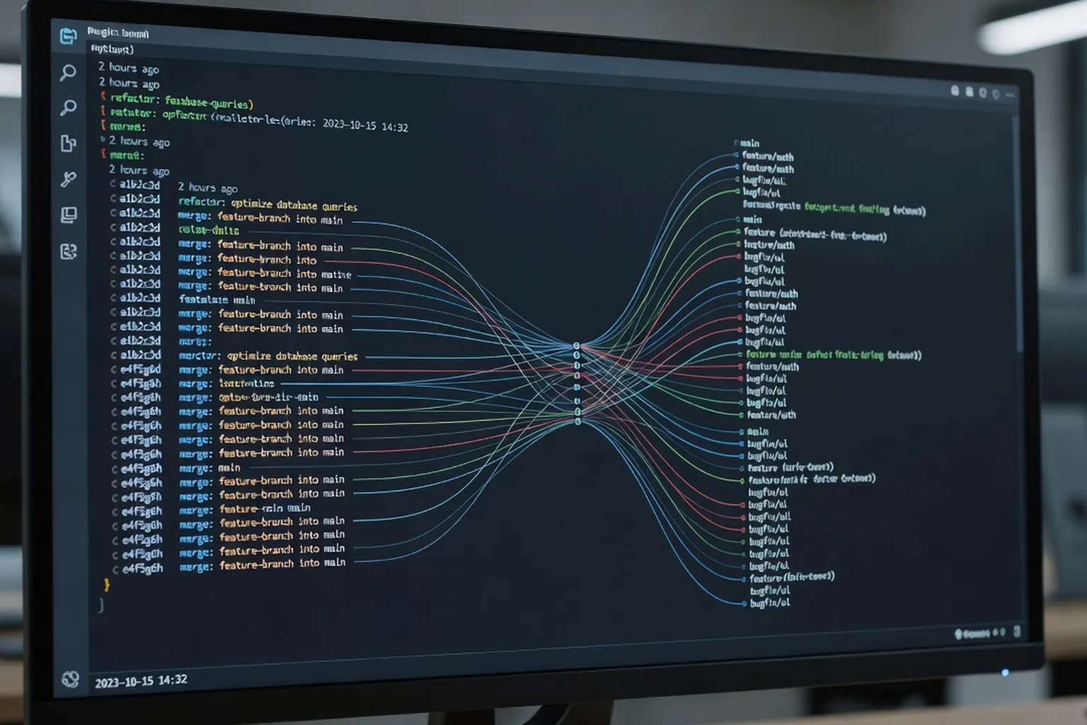 Interface Git montrant un historique de commits structuré