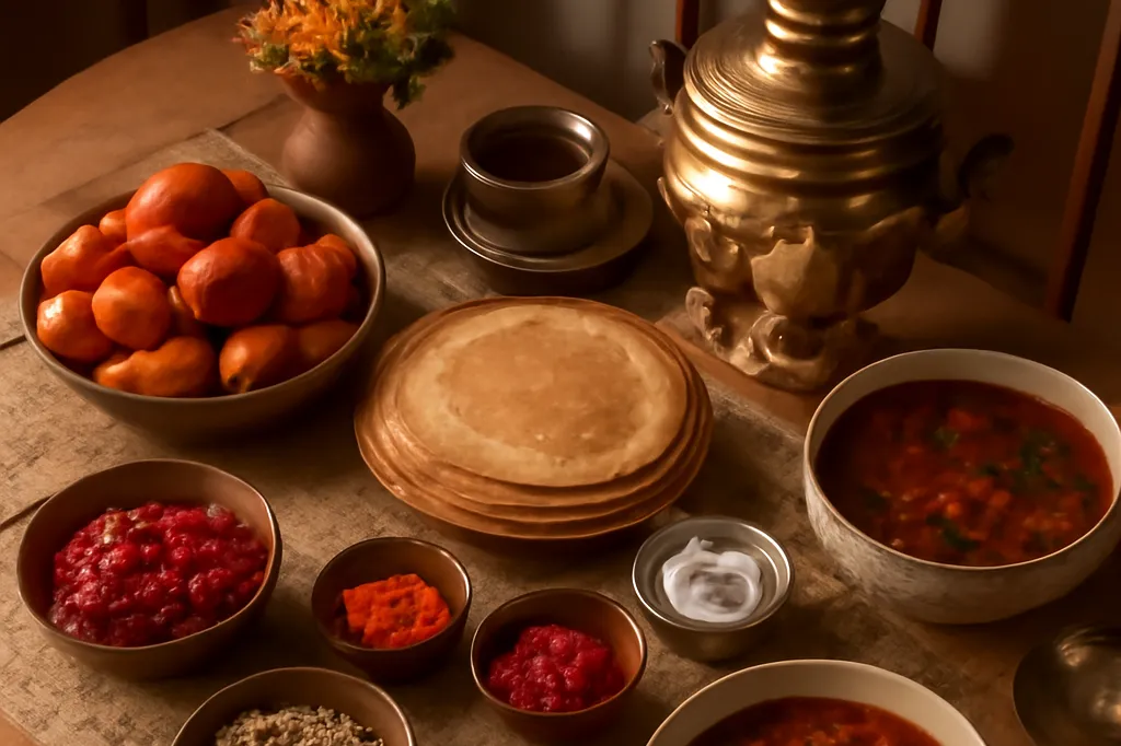 Table dressée pour un repas d'hospitalité russe en France