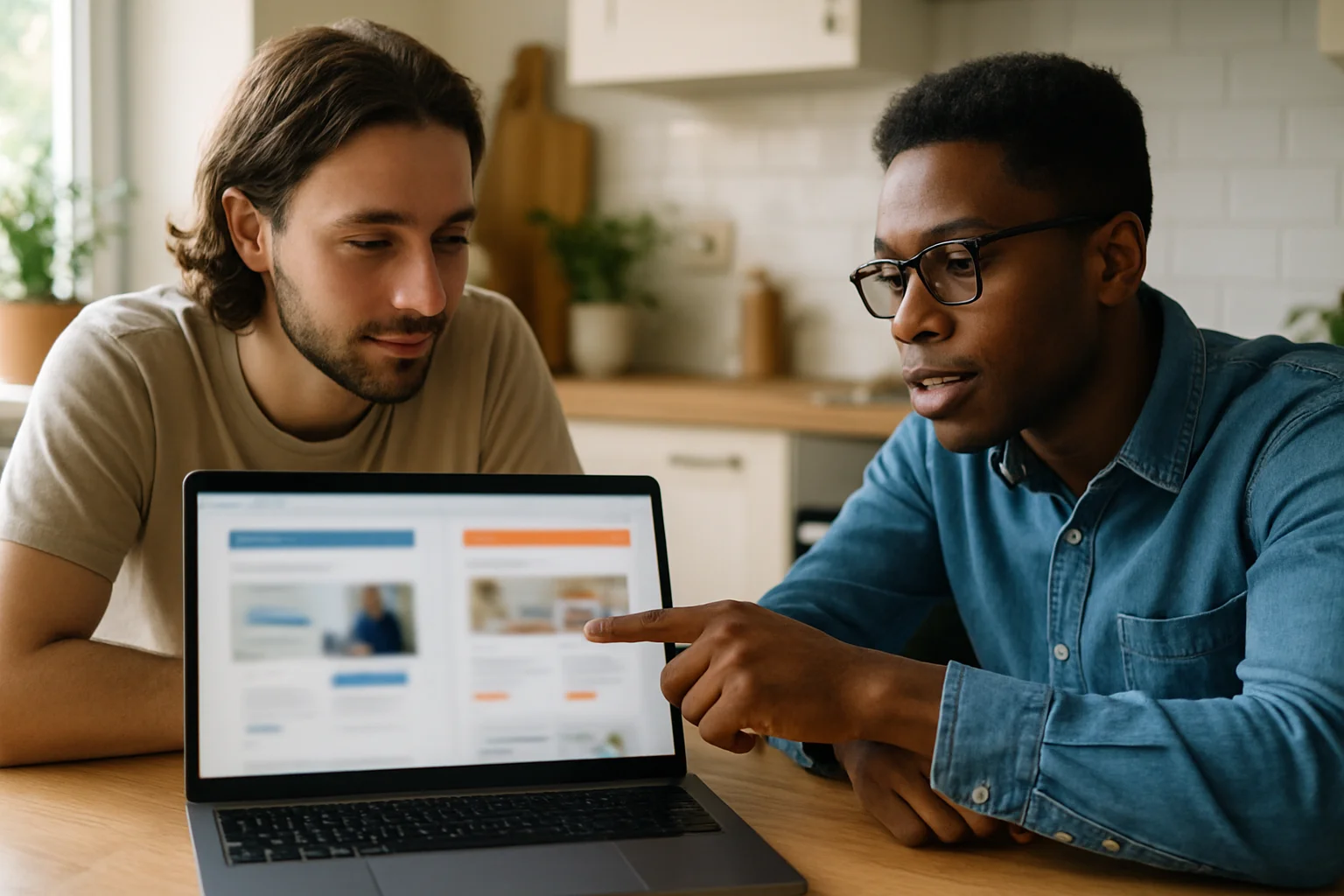 Deux amis comparant sur un ordinateur portable les archives et l’activité récente de deux forums pour choisir lequel rejoindre