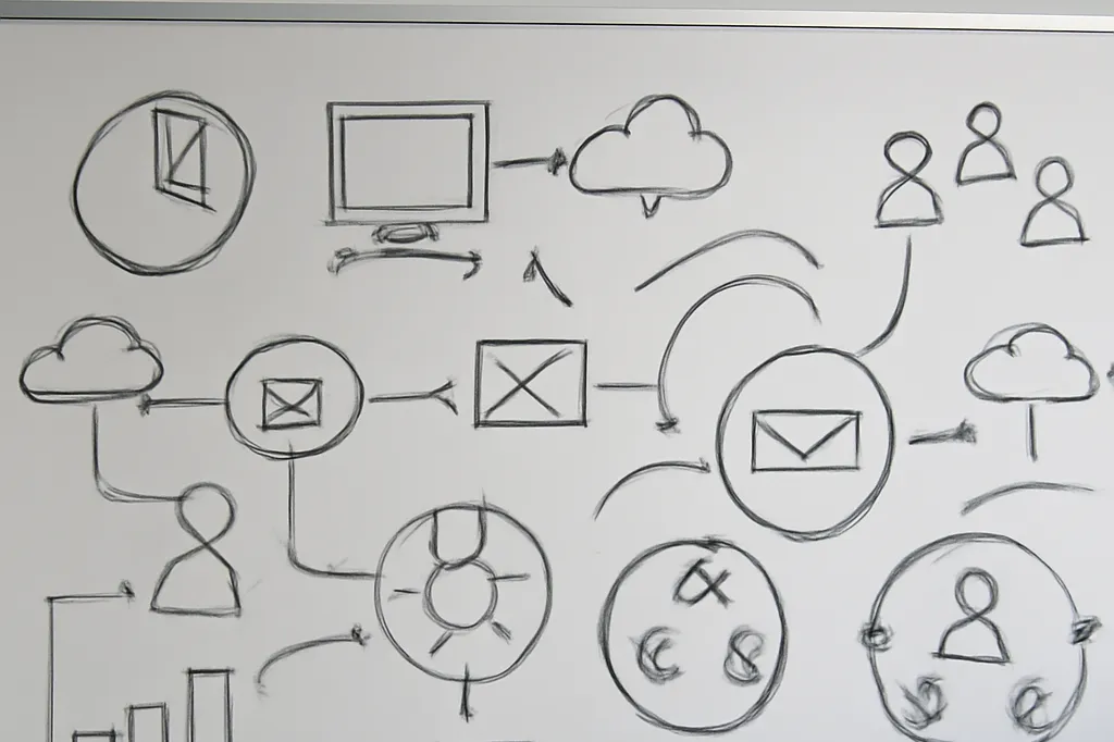 Tableau blanc avec schémas de flux de communication dans un bureau moderne