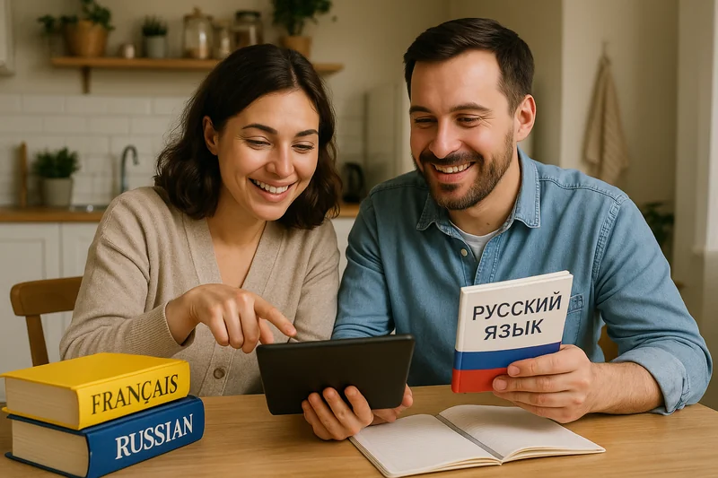 Couple franco-russe souriant échangeant en visioconférence avec un partenaire tandem depuis le salon de son appartement