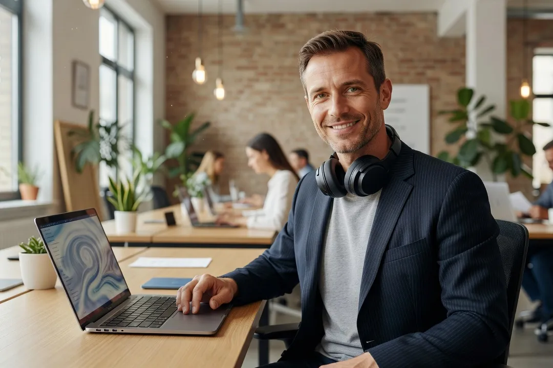 Personne travaillant sereinement sur un ordinateur portable dans un espace de coworking