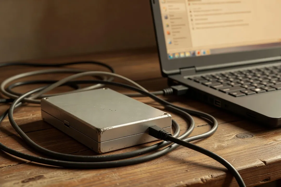 Ancien disque dur externe et câbles posés sur un bureau évoquant les archives numériques