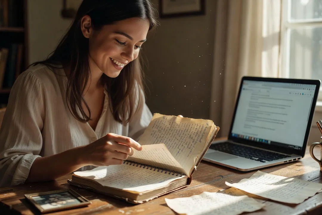Personne feuilletant un vieux carnet de notes manuscrites près d'un ordinateur portable