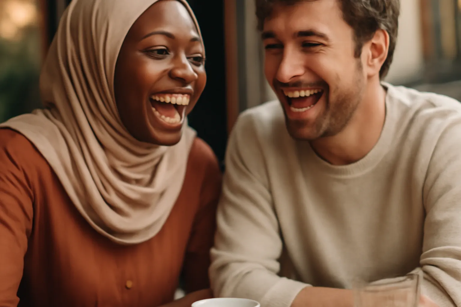 Couple souriant partageant un moment convivial malgre les differences culturelles