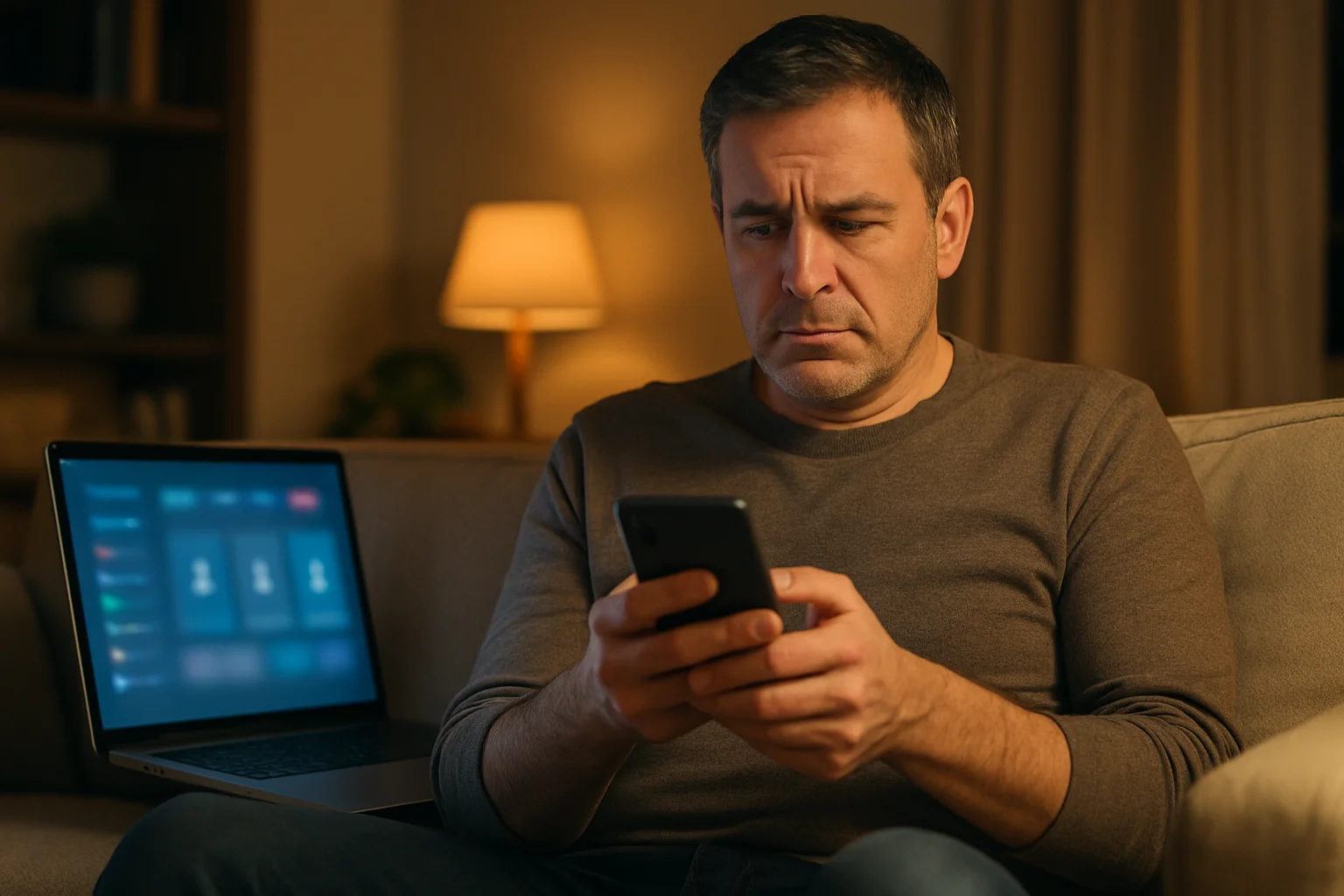 Homme consultant sur son téléphone les limites d’un compte gratuit sur une application de rencontre, avec des icônes de cadenas à l’écran