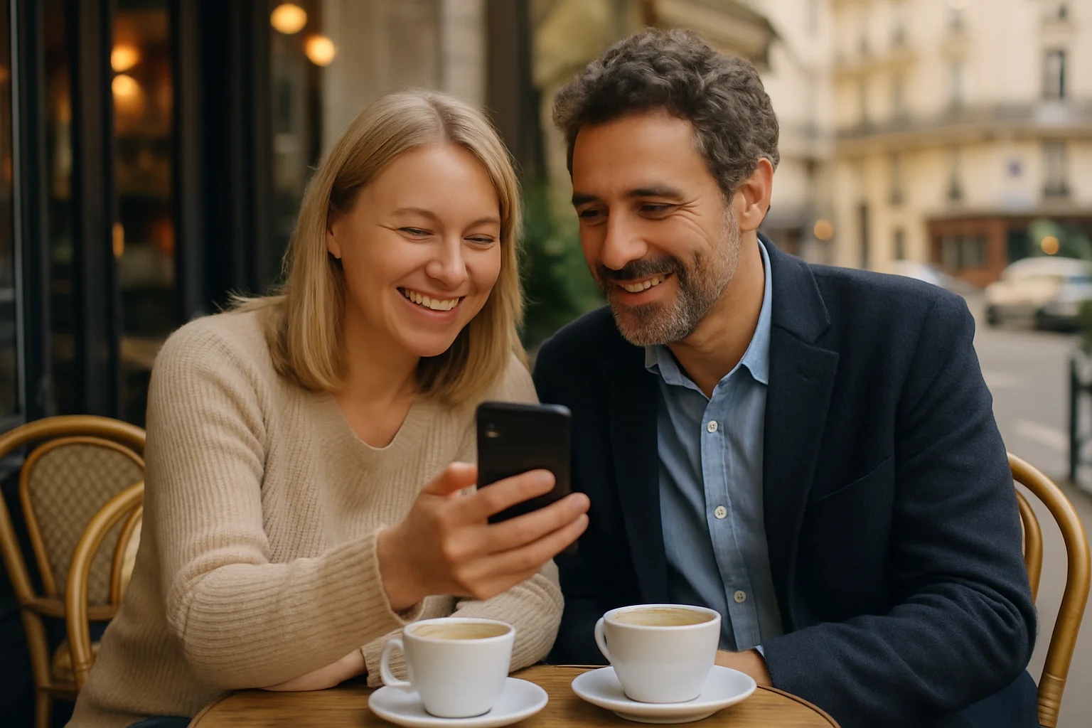 Couple franco-russe mûr échangeant devant un café, la femme montrant son téléphone à son compagnon en souriant