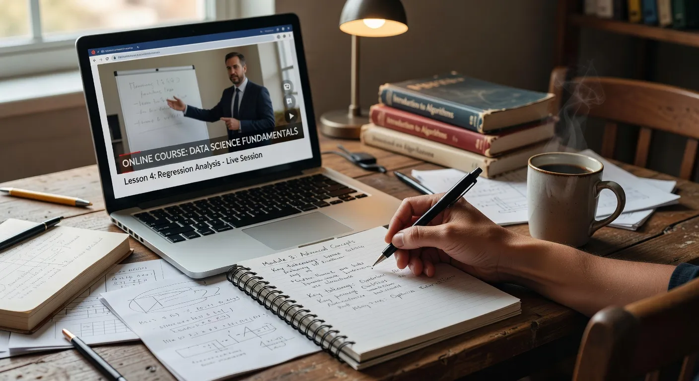 Main prenant des notes devant un écran de cours en ligne, formation développeur web