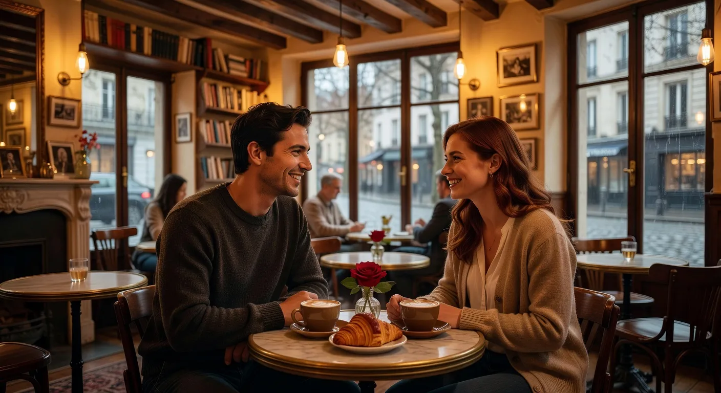 Premier rendez-vous dans un café, homme et femme souriants autour d'une table ronde